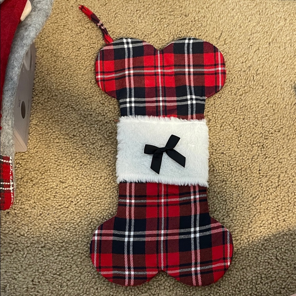 Plaid Dog Bone Christmas Stocking with Black Bow